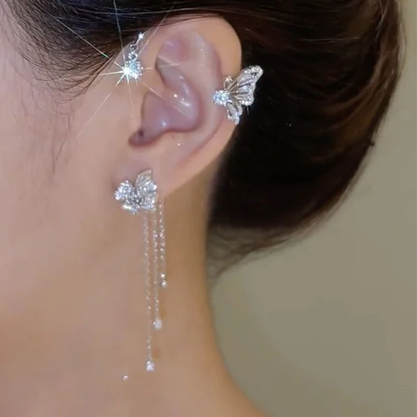 BUTTERFLY FLOWER TASSEL SHINY ZIRCON EARRINGS (1 PAIR) - Image 5