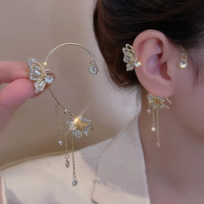 BUTTERFLY FLOWER TASSEL SHINY ZIRCON EARRINGS (1 PAIR) - Image 6