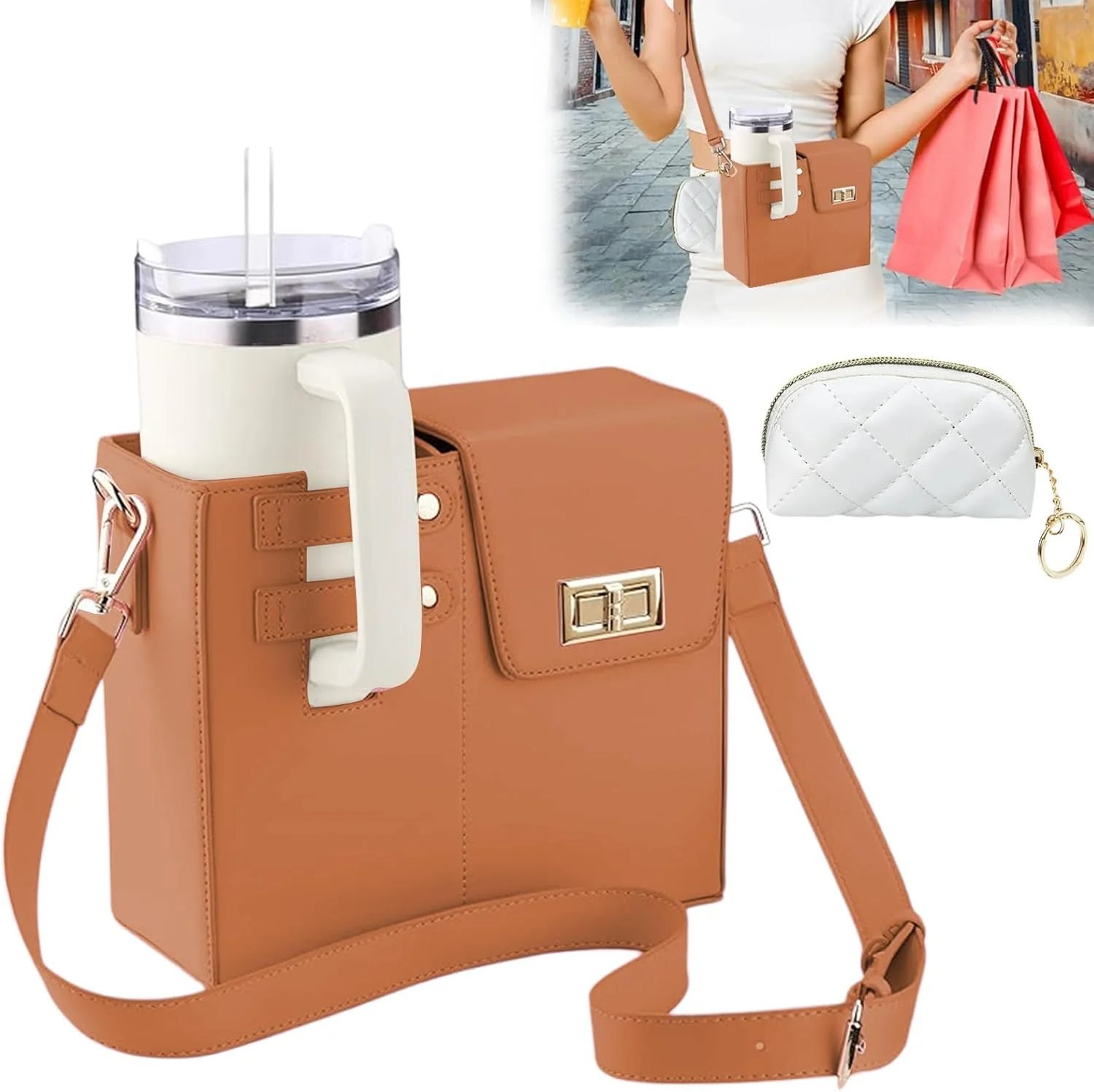 PU Leather Water Bottle Holder Tote Bag - Image 2