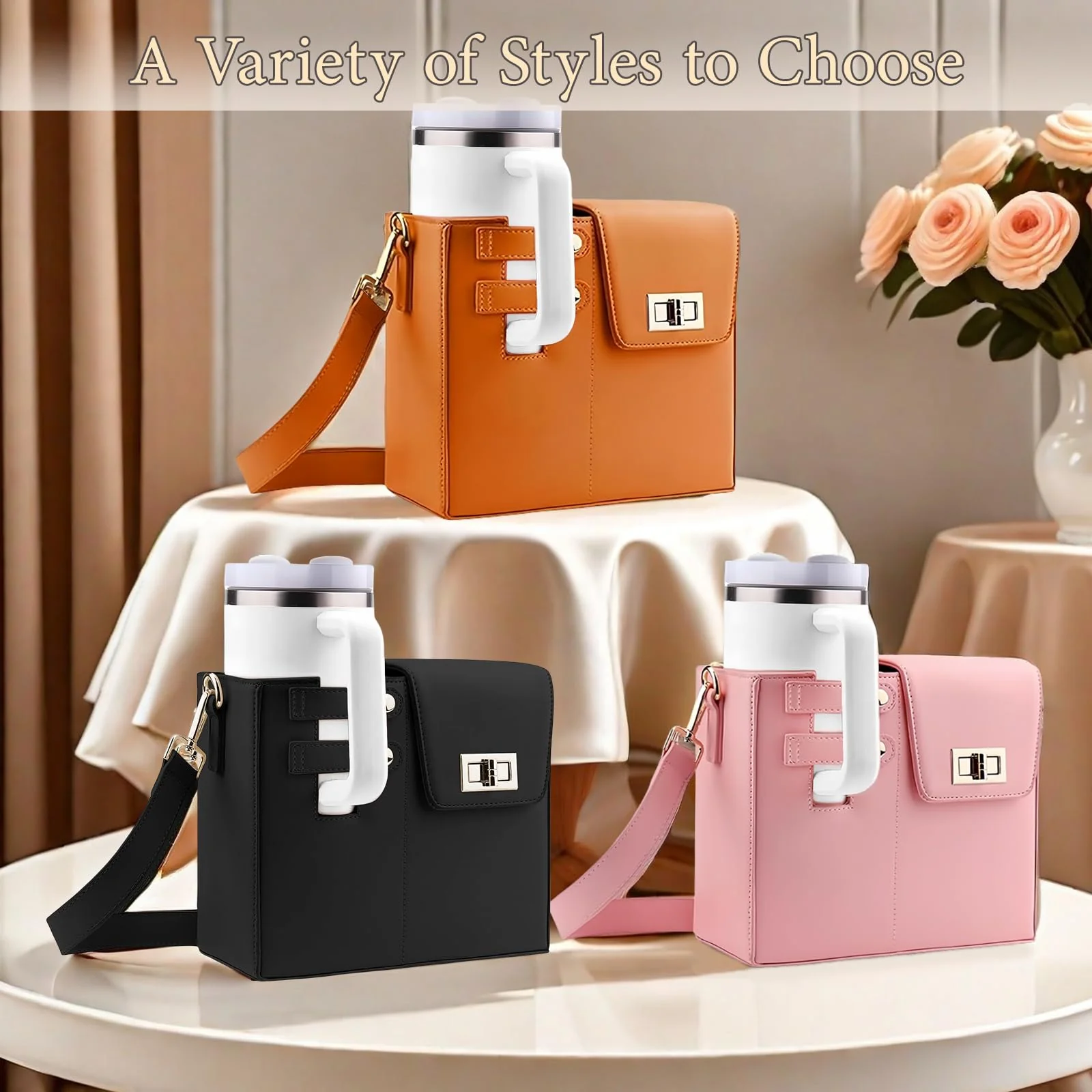 PU Leather Water Bottle Holder Tote Bag - Image 3