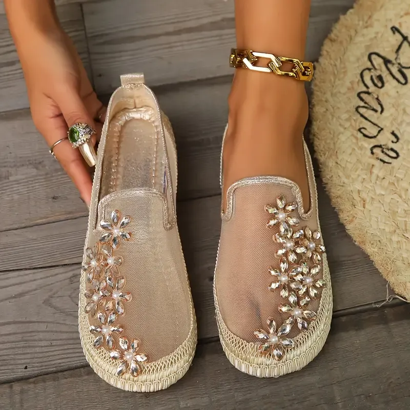 Rhinestone Floral Mesh Slip-On Flats - Image 2